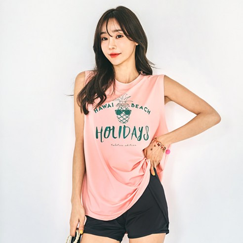 펀한커플 여성용 루즈핏 홀리데이 래쉬가드 나시 상의 + 하의 세트 BE4202