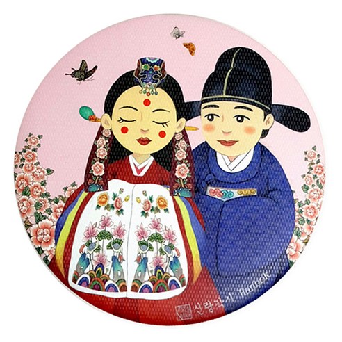 디자인가안채 양면손거울 신랑각시 한복 75 x 75 mm, 핑크, 1개