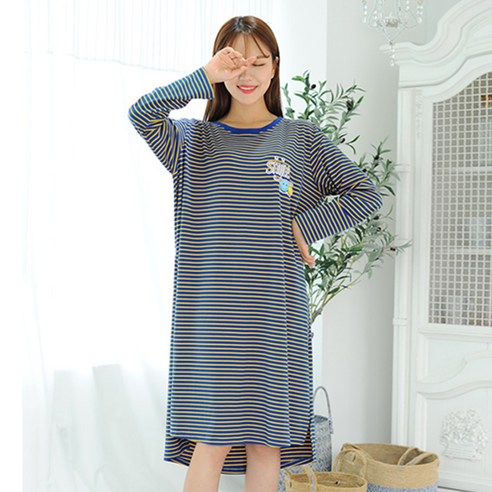 BB캐주얼 여성용 마약잠옷 선염 스트라이프 원피스 잠옷