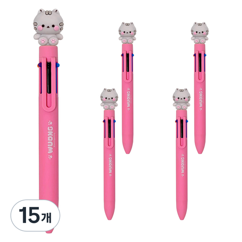 다꾸 캐릭터 우옹이 6색 볼펜 0.7mm, 그레이 고양이, 15개