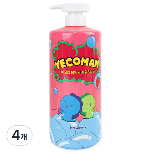 예꼬맘 아동용 대용량 3in1 올인원 바스 앤 샴푸 딸기, 1L, 4개