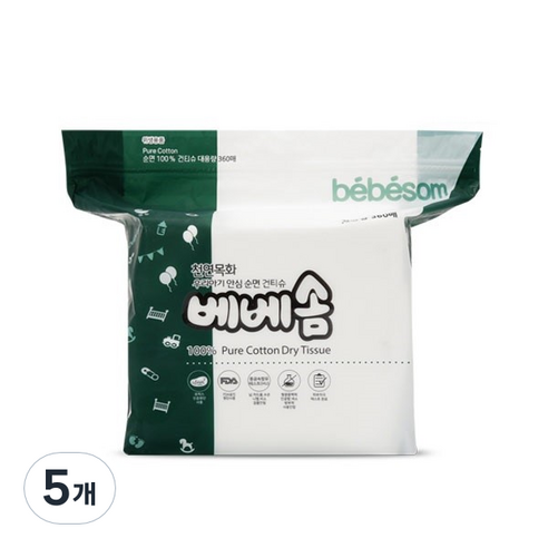 베베솜 순면 유아건티슈 리필형, 360개입, 5개