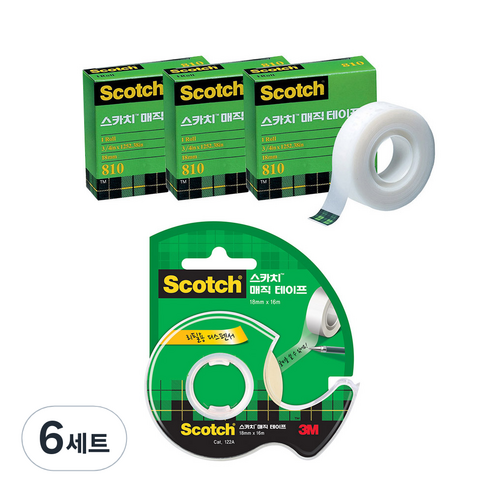스카치 매직 셀로판 테이프 리필 18mm x 15m 3p + 디스펜서 122 18mm x 16m, 혼합색상, 6세트