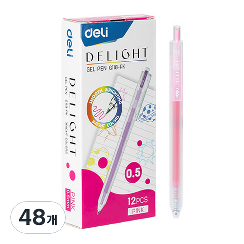 델리 델라이트 퀵드라이 노크식 젤잉크펜 0.5mm EQ118, 핑크, 48개