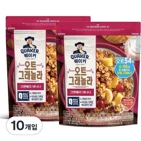 롯데제과 퀘이커 오트 그래놀라 시리얼 크랜베리바나나, 200g, 10개입