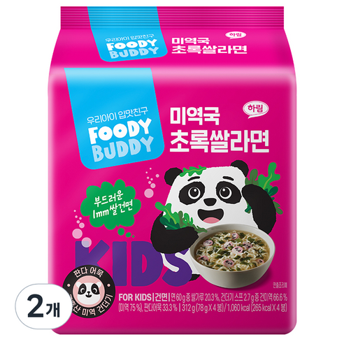 푸디버디 유아용 미역국 초록쌀라면 봉지 4p, 312g, 2개