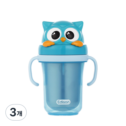 에디슨 프렌즈 흘림방지 이중 스텐 빨대컵 2, 부엉이 블루, 3개, 300ml