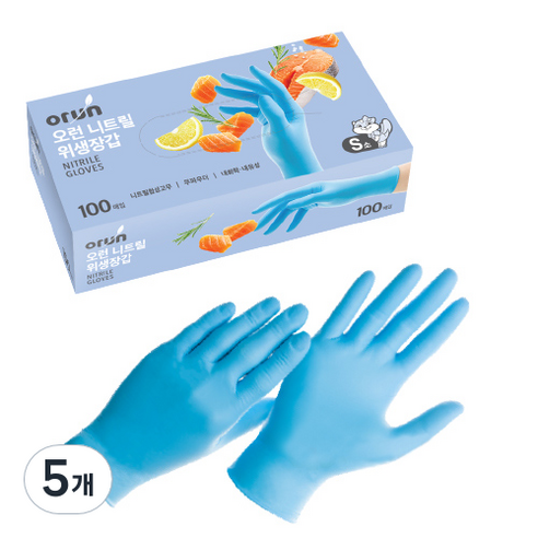 오런 니트릴 위생장갑 블루 S 100p, 100개입, 5개