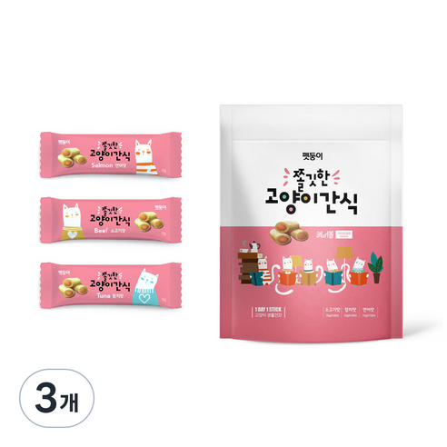 펫둥이 쫄깃한 고양이 간식 고기속츄르 3가지맛 300g, 참치+연어+소고기맛, 10g, 3개