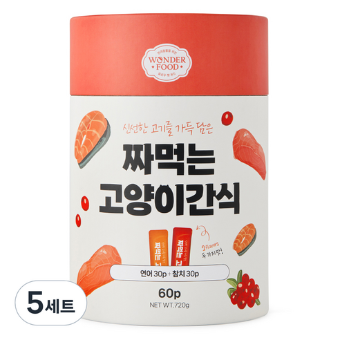 원더푸드 고양이 짜먹는 간식 연어 30p + 참치 30p 세트, 5개, 720g, 연어30p+참치30p