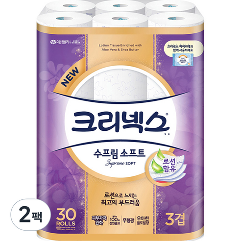 크리넥스 수프림 소프트 천연펄프 3겹 고급롤화장지, 30m, 30개입, 2개