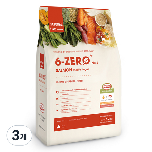 네츄럴랩 강아지 전연령 6제로01 유기농 사료, 연어, 1.2kg, 3개