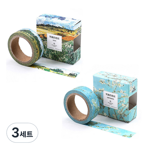 라이프포인트 반 고흐 마스킹 테이프 추수 풍경 + 꽃 피는 아몬드 나무, 혼합 색상, 3세트