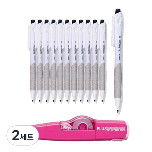 동아 겔스트림 볼펜 1.0mm 12p + 플러스 수정테이프 랜덤발송 WH-635 세트, 하양 + 검정, 2세트