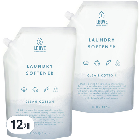 아이보브 고농축 유아 섬유유연제 클린코튼향 리필, 1200ml, 12개