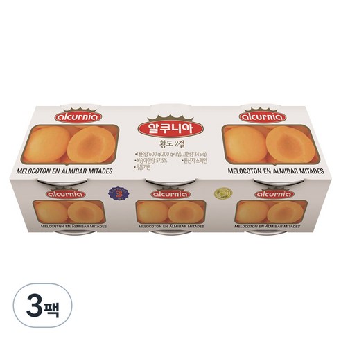 알쿠니아 황도2절 과일통조림, 600g, 3개