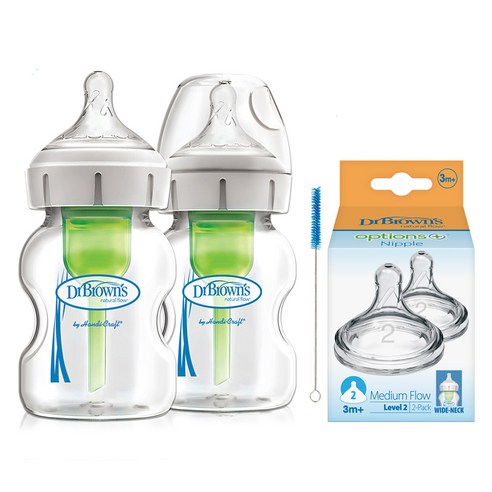닥터브라운 옵션스 플러스 와이드 유리젖병 150ml 2p + 젖꼭지 세트 2p, 혼합색상, 1개