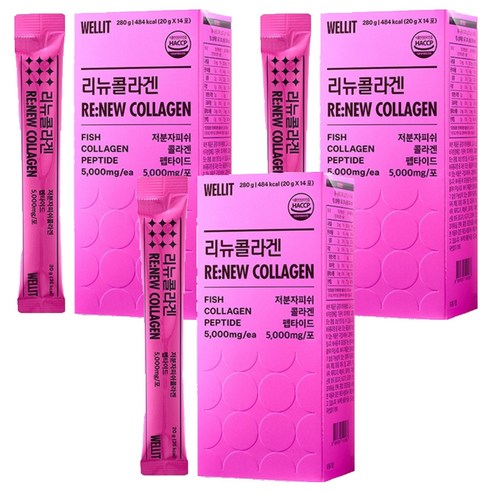 웰릿 리뉴콜라겐 저분자 피쉬콜라겐 펩타이드 14p, 280g, 3개