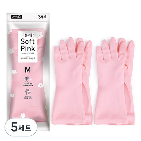 명진 소프트핑크 고무장갑 3켤레 세트, 중(M), 5개