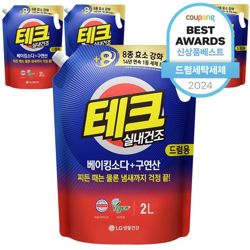 [비건라이프] 테크 베이킹소다 플러스 구연산 실내건조 액체세제 드럼용 리필, 2L, 4개