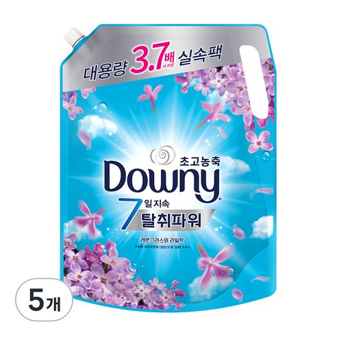 다우니 7일지속 탈취파워 초고농축 섬유유연제 레몬그라스와 라일락 리필, 2.6L, 5개