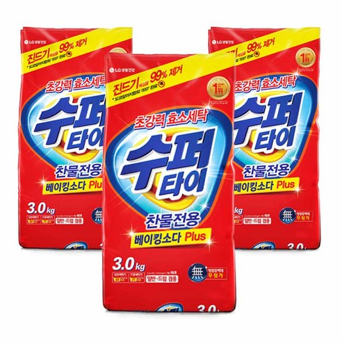 수퍼타이 찬물 전용 실내건조 분말세제 효소 세탁세제 일반드럼 겸용 리필, 3kg, 3개