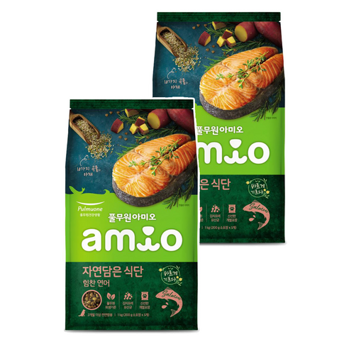 풀무원아미오 전연령 강아지 자연담은 식단 건식사료, 연어, 1kg, 2개
