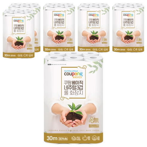 쿠팡베이직 네추럴 3겹 천연펄프 롤화장지 30m, 30개입, 6개