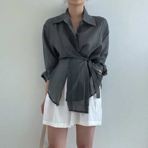 비비에모 여성용 카라넥 시스루 브레스티드 랩 셔츠 10042