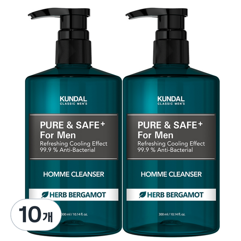 쿤달 퓨어 앤 세이프 쿨링 남성청결제 허브베르가못향, 300ml, 10개