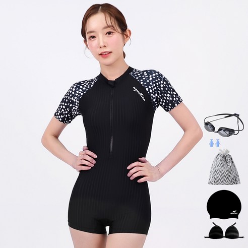 아쿠아티카 여성용 반팔 원피스 2부 수영복 + 선수용수경 6종세트