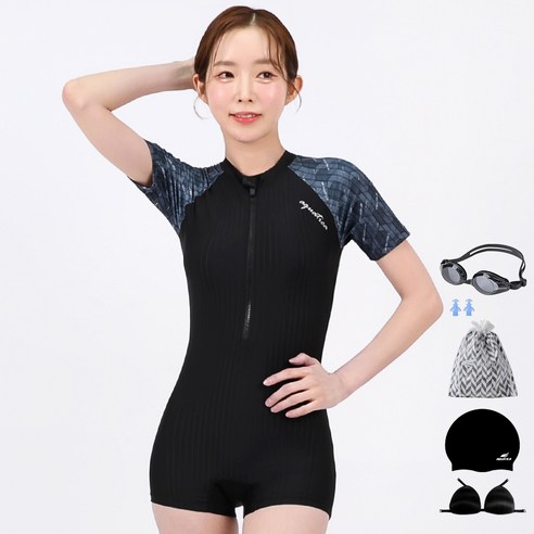 아쿠아티카 여성용 반팔 원피스 2부 수영복 + 일반용수경 6종세트