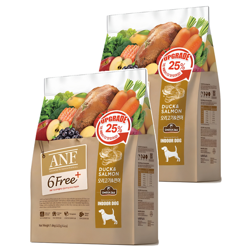 ANF 전연령용 인도어 독 식스프리플러스 건식사료, 연어+오리, 1.6kg, 2개