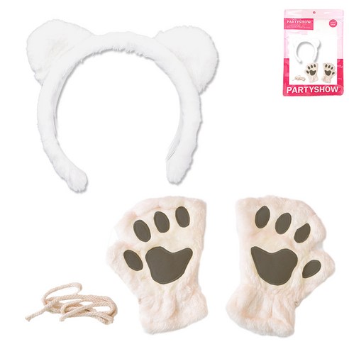 파티쇼 밍크 고양이 머리띠 + 밍크 고양이 장갑 양손 세트, 베이지(장갑), 화이트(머리띠), 1세트