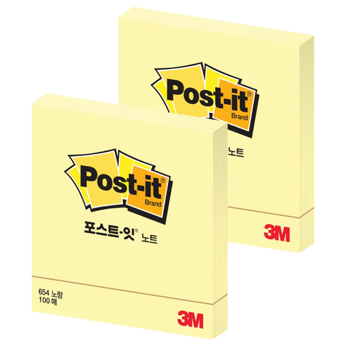 포스트잇 노트 접착메모지 654, 노랑, 100매, 2개