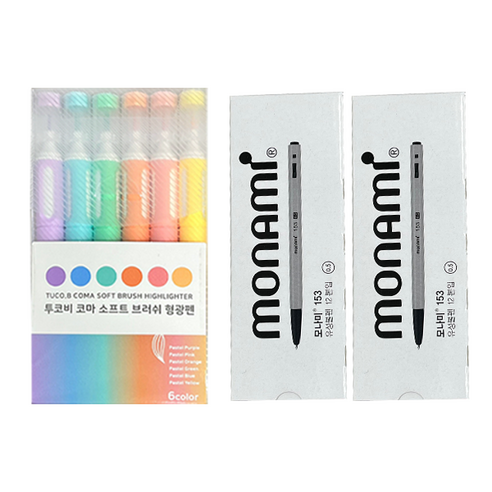투코비 코마 소프트 브러쉬 형광펜 6종 + 모나미 153 볼펜 0.5mm 24p 세트, 파스텔퍼플, 파스텔블루, 파스텔그린, 파스텔오렌지, 파스텔핑크, 파스텔옐로우(형광펜), 블랙(볼펜), 1세트