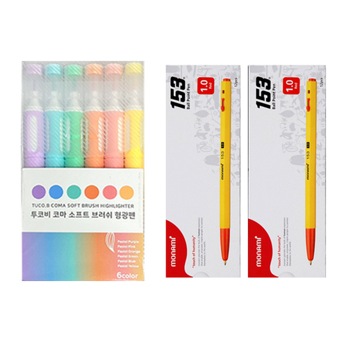 투코비 코마 소프트 브러쉬 형광펜 6종 + 모나미 153 볼펜 1.0mm 24p 세트, 파스텔퍼플, 파스텔블루, 파스텔그린, 파스텔오렌지, 파스텔핑크, 파스텔옐로우(형광펜), 레드(볼펜), 1세트