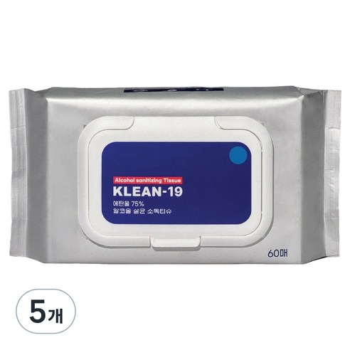 KLEAN 알코올 살균소독티슈 캡형, 5개, 60매, 45g