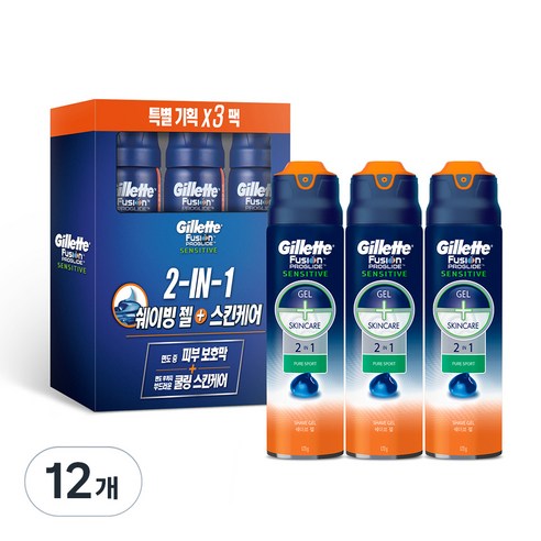 질레트 퓨전 프로글라이드 센서티브 2 in 1 퓨어스포츠 쉐이빙 젤, 170g, 12개
