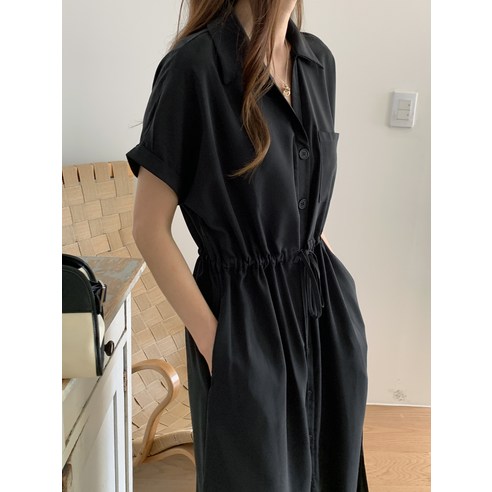 아피나르 여성용 버튼다운 반팔 셔츠 원피스 허리 스트링