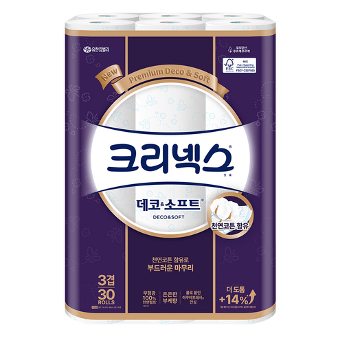 부모님 선물 청소와 위생 휴지 구매 가이드 크리넥스 천연펄프 3겹 데코 앤 소프트 화장지, 27m, 30롤, 1개