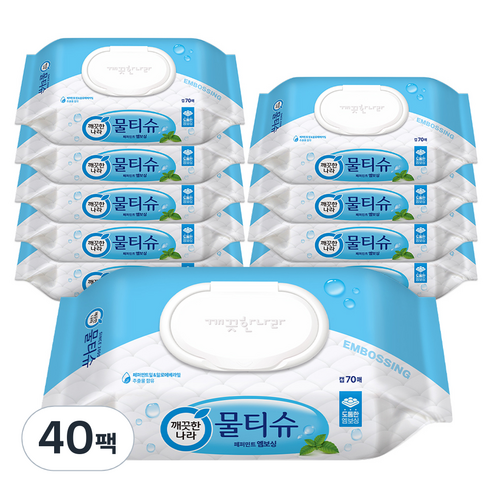 깨끗한나라 페퍼민트 엠보싱 물티슈 캡형, 70매, 40개