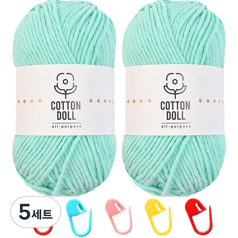 니뜨 코튼돌실 50g x 2p + 단수링 5p 세트, 28 파스텔아쿠아(뜨개실), 랜덤발송(단수링), 5세트