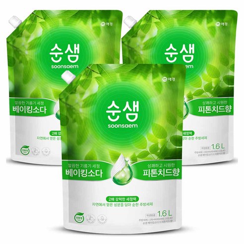 순샘 베이킹소다 피톤치드 주방세제 리필, 1.6L, 3개
