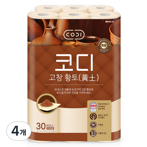 코디 천연펄프 3겹 고창 황토 고급롤화장지, 30m, 30롤, 4개