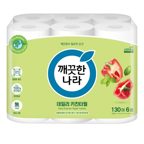 깨끗한나라 데일리 천연펄프 키친타월, 130매, 6개