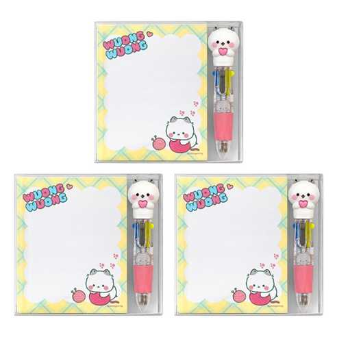 우옹이 메모지 + 4색펜 세트, 옐로, 3세트