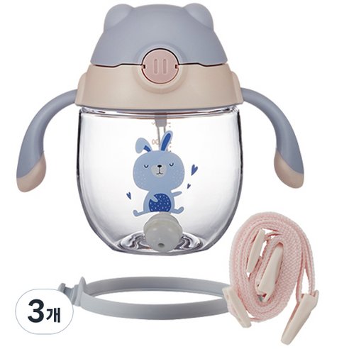 락앤락 스트랩 유아용 쁘띠 프렌즈 빨대컵 300ml, 블루(ABF790BLU), 3개