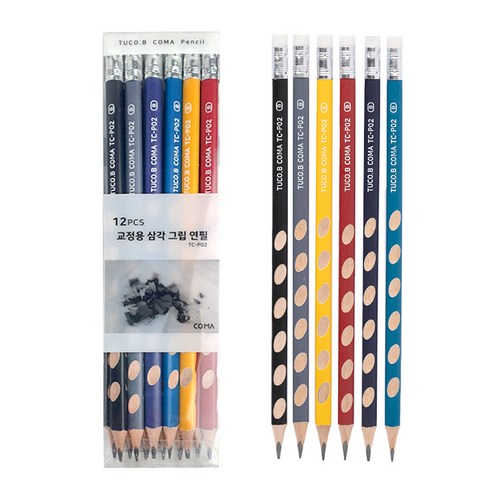 투코비 코마 교정용 삼각 그립 교정 연필 B 세트 TC-P02, 혼합색상, 12개