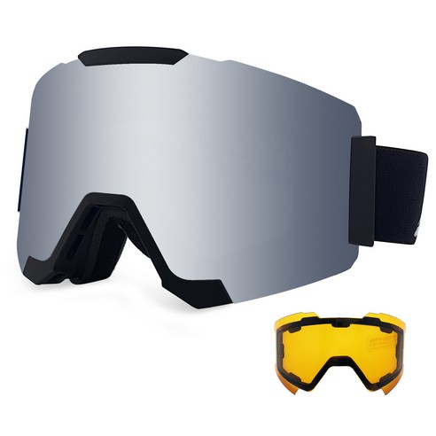 팬톤 렌즈교체용 안경병용 스키 보드용 고글 CRMAG85SM + 야간용 렌즈 오렌지 + 파우치 랜덤발송, 블랙(프레임) + 스모크미러(렌즈)